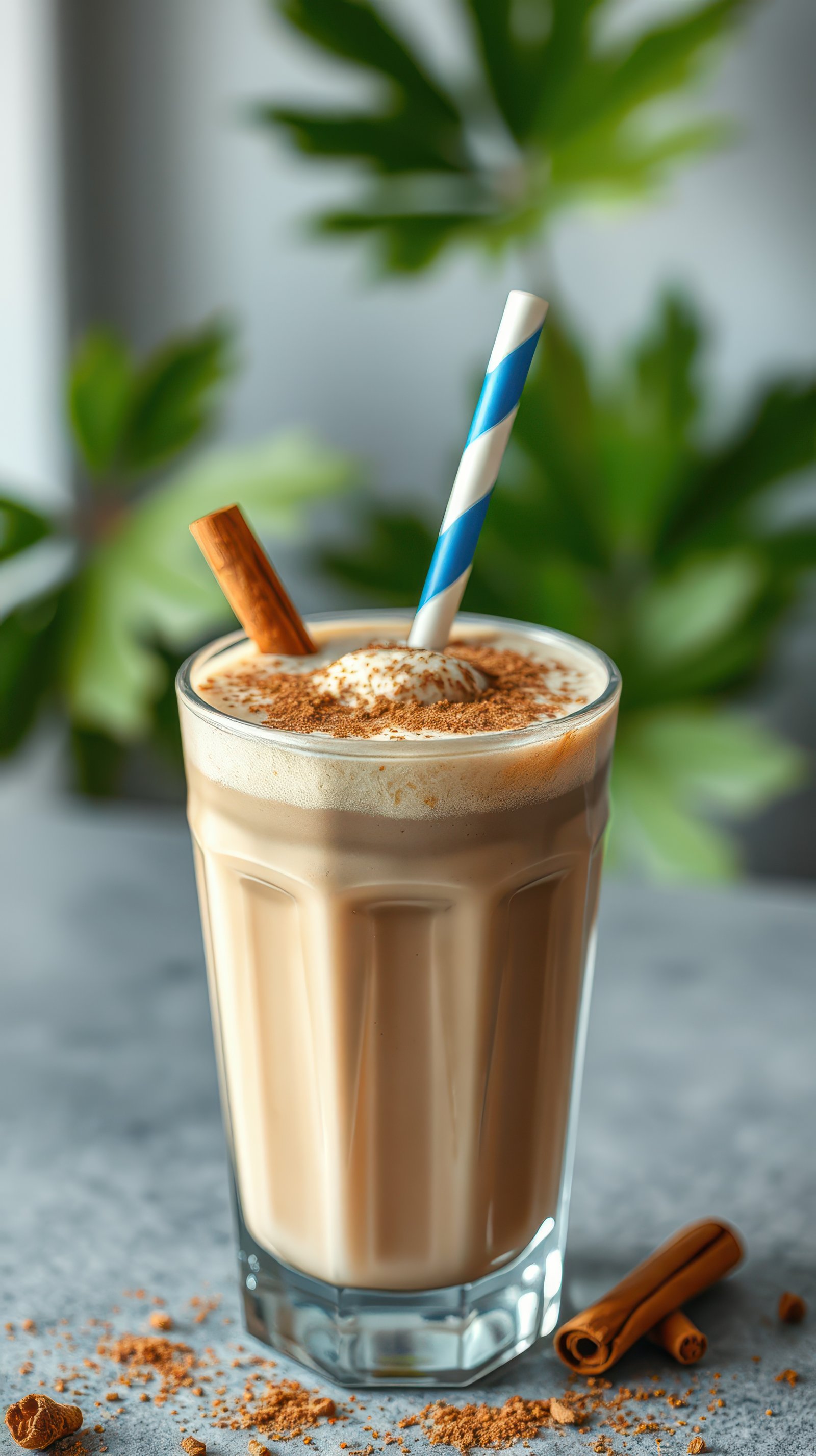 Creamy cinnamon beverage with a striped straw and garnished with spices indoors surrounded by greenery